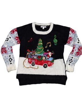 Womens sparkly holiday sweater music notes Size L Christmas Music Teacher bells